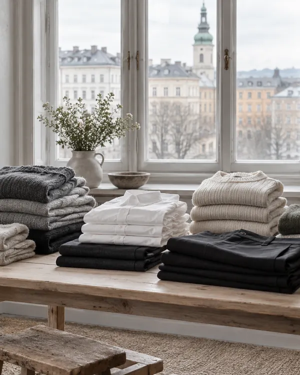 Stacks of folded knitwear, shirts and trousers on a long wooden table by a tall window