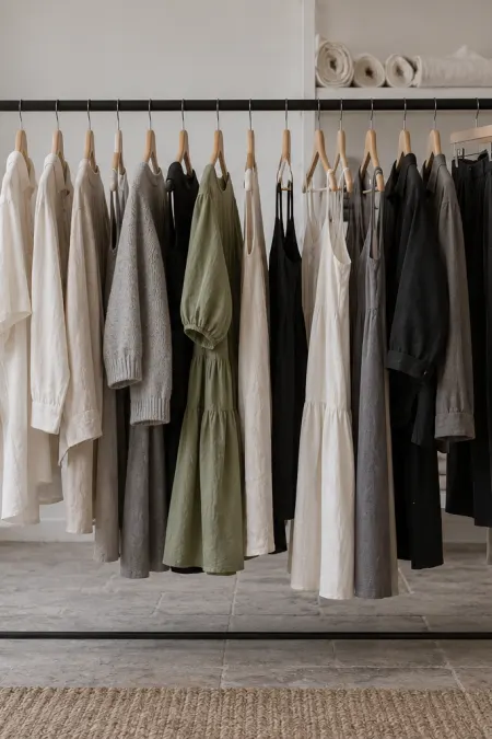 A clothing rail with shirts, dresses and trousers in white, grey, black and sage green