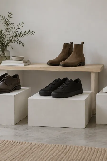Suede ankle boots on a wooden bench above leather shoes and plain trainers on white plinths