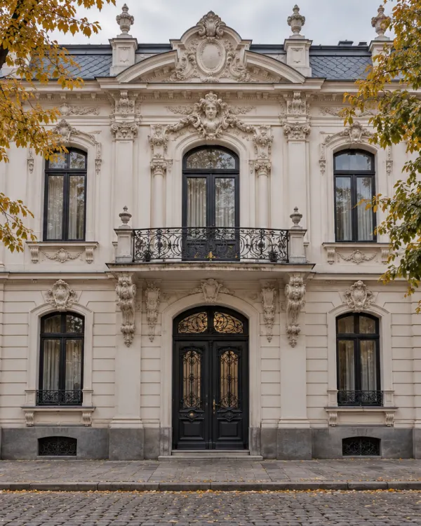 A cream neo-baroque facade with tall windows and a wrought-iron balcony between autumn trees on a cobbled street