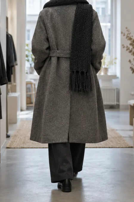 A person seen from behind in a long grey wool coat and a dark knitted scarf walking between rails of knitwear