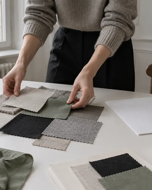 Hands laying out fabric swatches next to a blank sheet of paper, a pencil and a measuring tape